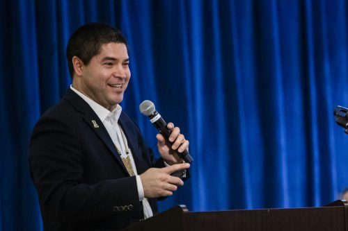 Evon Peter speaks during a chancellor’s forum March 19. UAF photo by JR Ancheta.